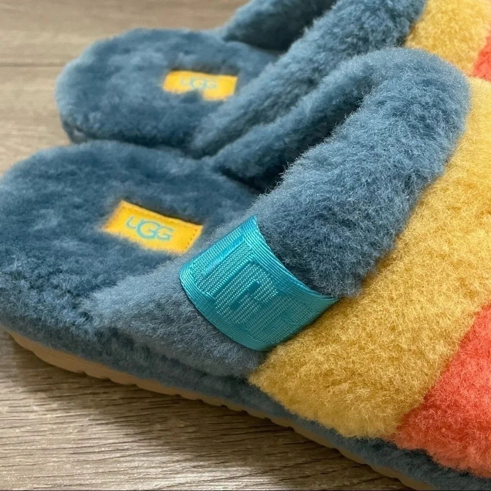 UGG MEN FLUFF YOU STRIPES MARINA BLUE FAUX FUR SLIPPERS US 8 NEW
